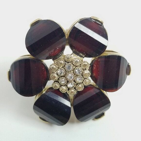 Vintage Dark Red Rhinestone Flower Brooch, Retro Faceted Design Lapel PIn - Picture 1 of 6
